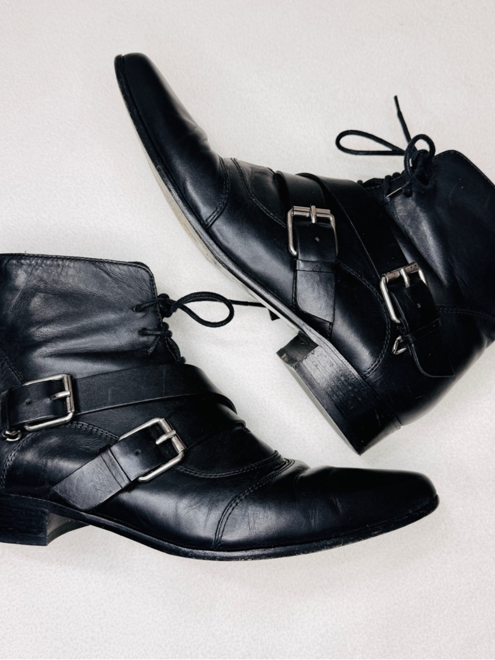 Tabitha Simmons Black Leather Witchy Moto Double Buckle Lace-Up Ankle Boots 7.5